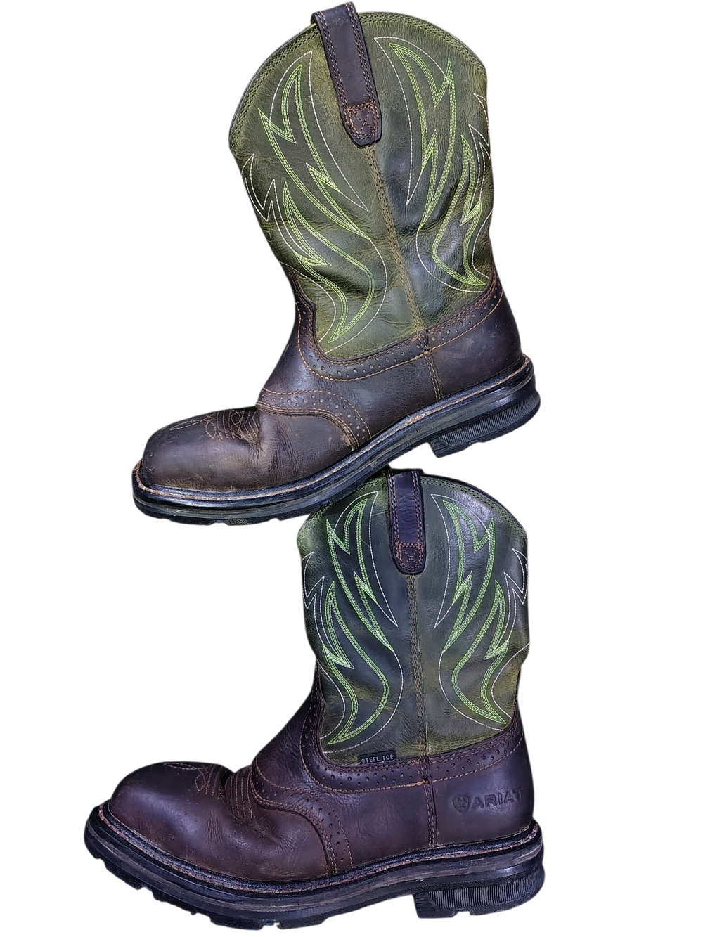 Ariat Steel Toe Brown Leather Work Boots with Green Embroidered Shaft 10D